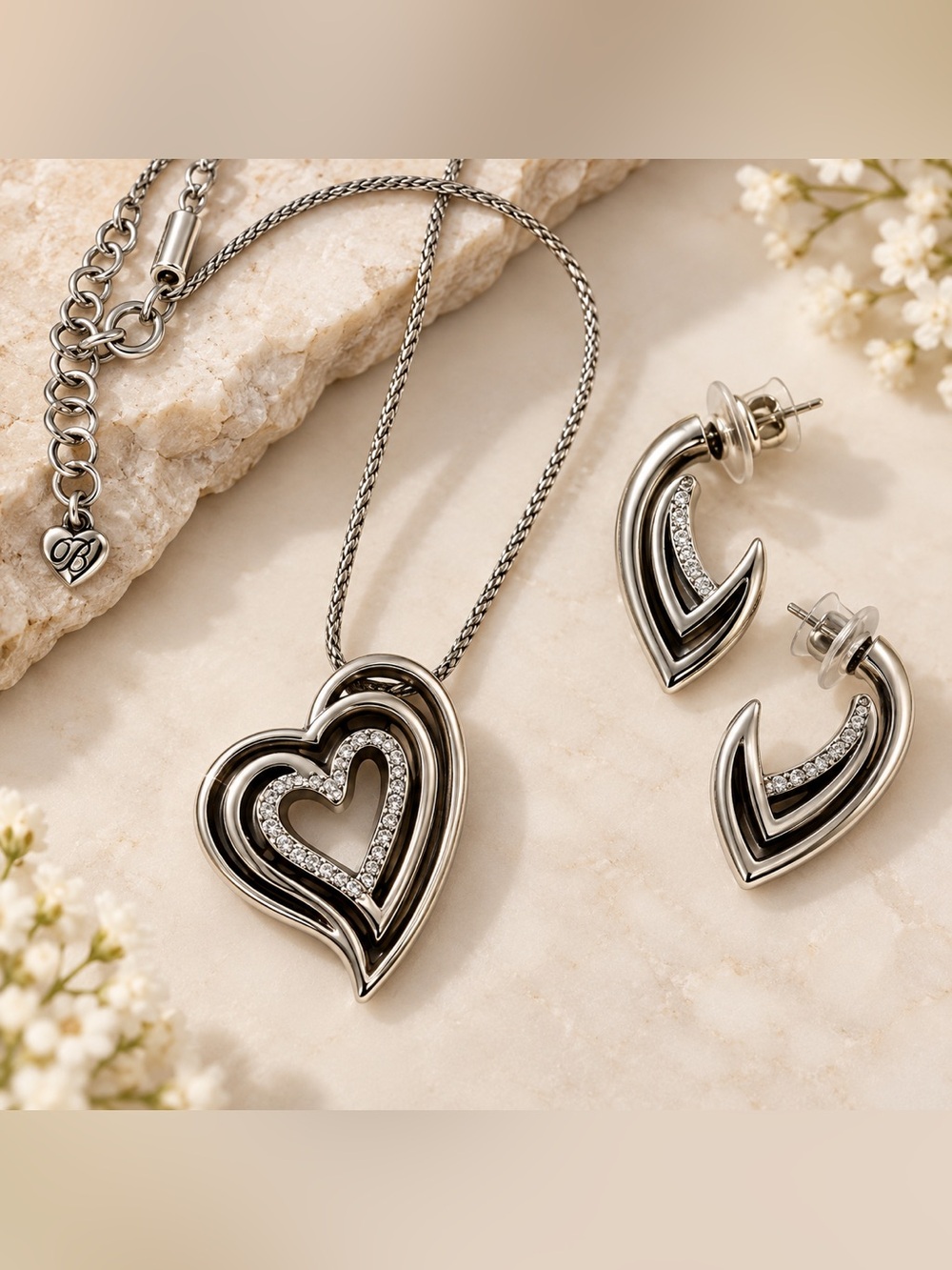 Brighton Contempo Infinity Heart Pendant Necklace Hoop Earrings Jewelry Set OS